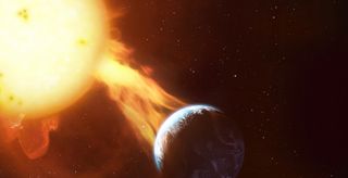 the sun explodes in a great fire like an explosion towards the blue and white planet